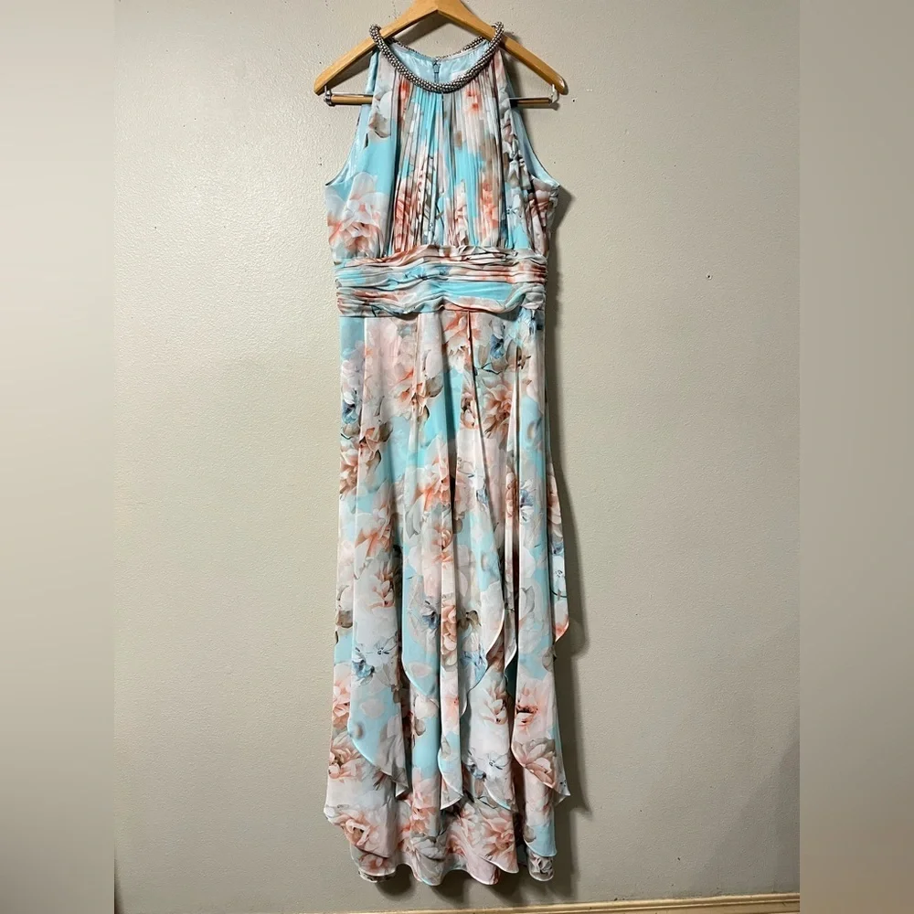 Calvin Klein Floral Maxi Long Flowy Beaded Neck Halter Party Wedding Dress Sz 12 - Picture 2 of 9